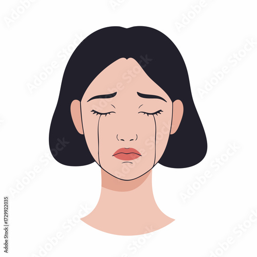 Minimalist Flat Illustration Crying Woman Face with Tears and Emotion