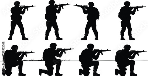 Soldier silhouette vector, army rifleman standing, military man kneeling, combat ready soldier, armed forces action pose, tactical army figure, war fighter vector design