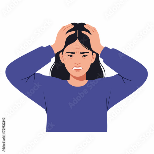 Flat Illustration Stressed Woman Holding Head with Hands Feeling Depressed