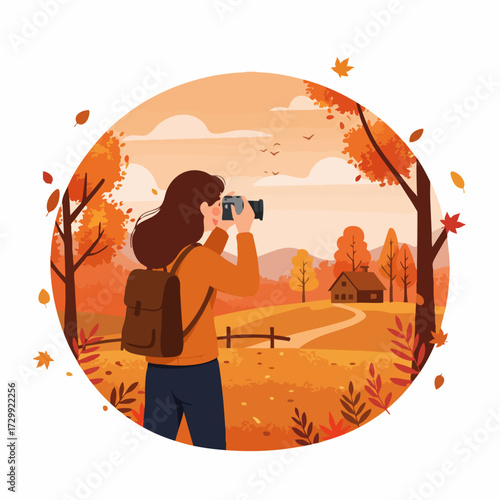 Flat Style Autumn Landscape with Photographer Enjoying the Scenery Illustration