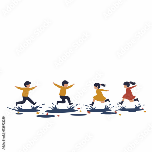 Flat Illustration of Playful Kids Jumping into Puddles Outdoor Activity