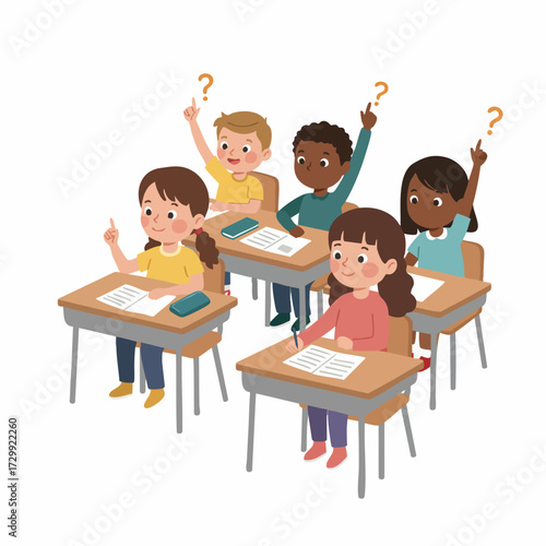 Cartoon Style Diverse Group of Children Raise Hands in Classroom Illustration