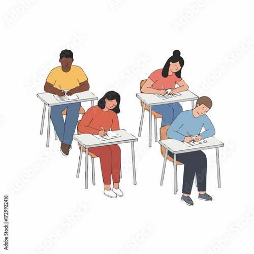 Flat Style Diverse Group of Students Taking Examination at School