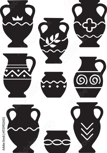 Antique pottery vases silhouette vector, classic ceramic vessels, traditional decorative design for home or museum.