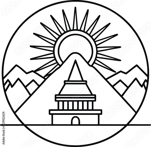 Sun rising over mountain temple line art on transparent background