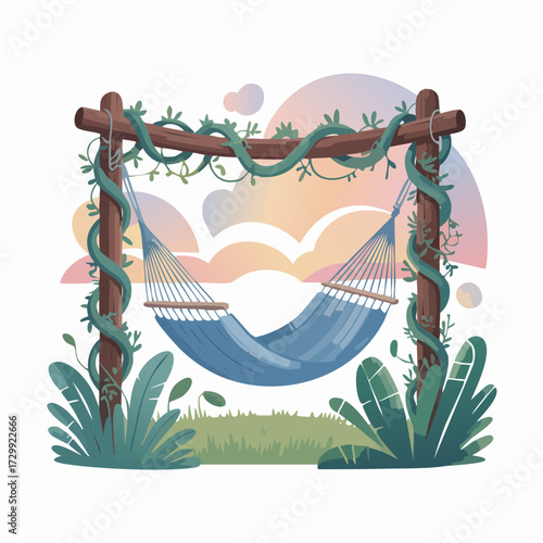 Serene blue hammock invites peaceful relaxation amidst lush greenery and soft pastel skies on a warm summer day