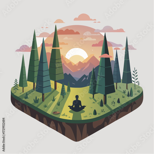 Serene figure meditates peacefully amidst a vibrant forest landscape at sunrise, embracing tranquility and nature's beauty.