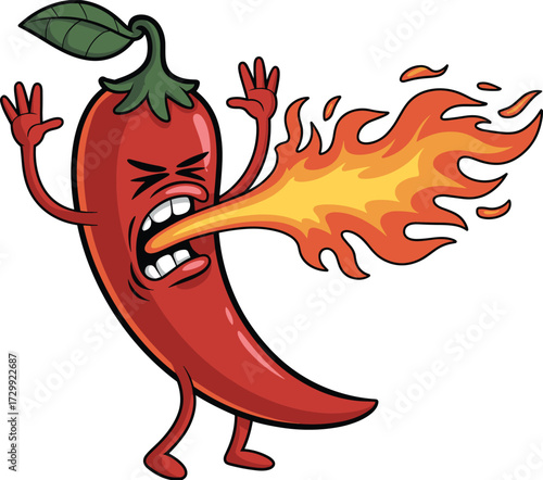 Spicy red chili pepper cartoon character breathing fire, hot vegetable mascot, angry face expression, burning flame, spice food illustration, capsicum vector clipart