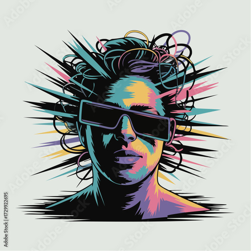 Bold retro portrait with vibrant colors and dynamic hair explosion, capturing a fearless modern spirit and electric energy for creative projects.