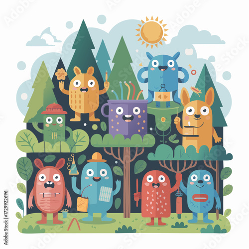 Whimsical forest creatures gather for a sunny outdoor celebration filled with joy and playful camaraderie creating magical moments.