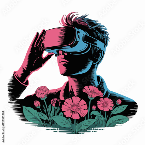 Futuristic explorer experiences vibrant digital flora with cutting edge VR headset immersed in virtual reality exploration and innovation