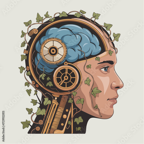 Intricate steampunk portrait blending human intellect with mechanical gears and organic ivy, symbolizing innovation and growth.