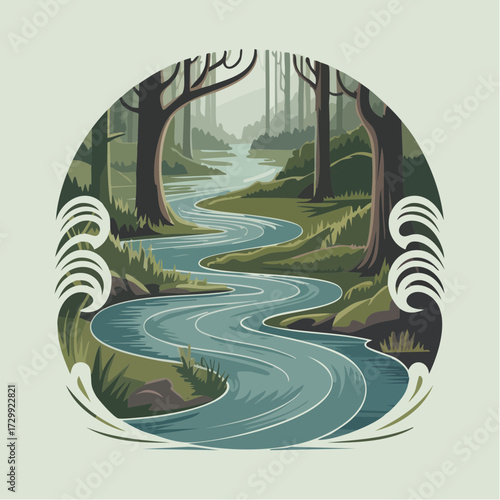 Serene forest river winding through lush green trees, a peaceful natural landscape for relaxation and inspiration