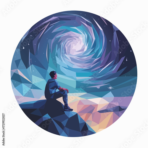 Man contemplates vast swirling galaxy from rocky perch, embracing cosmic wonder and infinite possibilities in a stunning abstract universe.