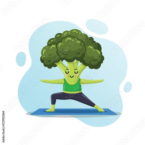 A cheerful cartoon character practices mindful eating with a broccoli on its head in a yoga pose on a blue mat with a light blue background.