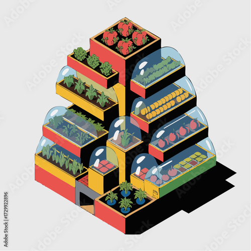 Vibrant vertical farm showcases diverse produce growing in modern, multi-tiered, and protected urban garden systems, promoting sustainable agriculture.