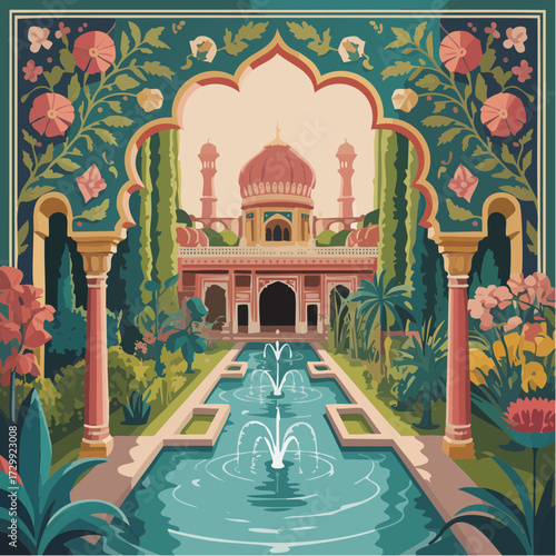 Discover a serene Mughal garden oasis with fountains, blooming flowers, and an iconic palace creating an enchanting escape for relaxation and contemplation