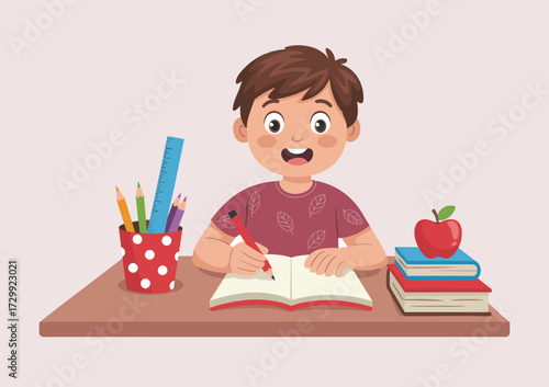 Happy schoolboy writing in notebook, sitting at desk with pencils, books, apple, cartoon education illustration, studying, learning, homework, classroom activity, children vector