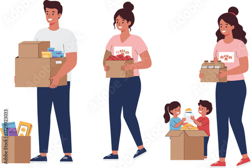 Community volunteers, donation boxes, helping children, food drive, teamwork, charity event, kindness, social support, giving back