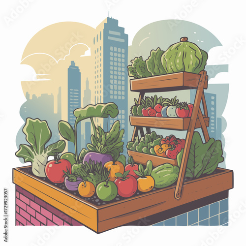 Vibrant urban garden overflowing with fresh produce thrives against a backdrop of modern city skyscrapers, showcasing sustainable living.