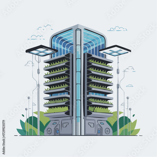 Stunning futuristic vertical farm skyscraper with lush greenery and innovative solar panel structures, symbolizing sustainable urban development.