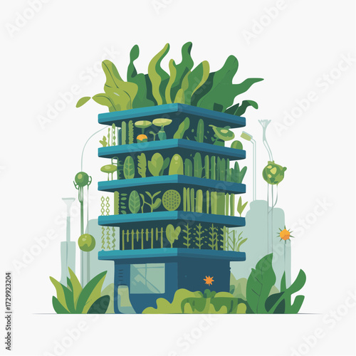 Innovative vertical farm building thrives with lush greenery and sustainable urban agriculture, showcasing future city living concepts.