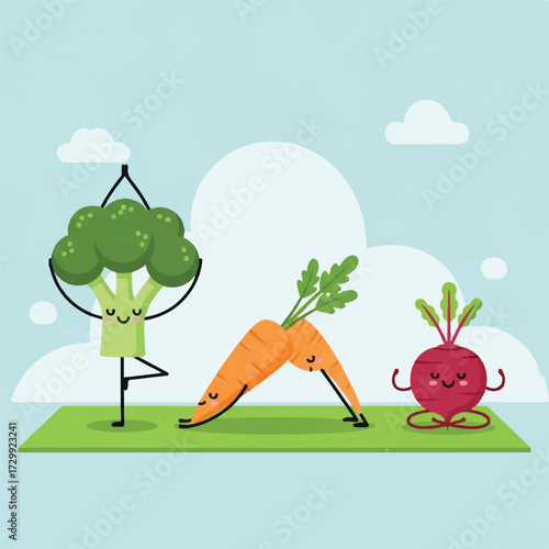 Cartoon vegetables practicing yoga on a green mat with mindful eating practice in a serene outdoor setting.