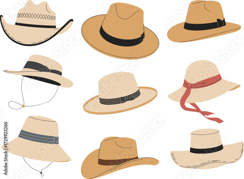 Straw hats vector collection, summer beach hats, cowboy hats, wide brim sun hats, fashion accessories, casual holiday headwear set