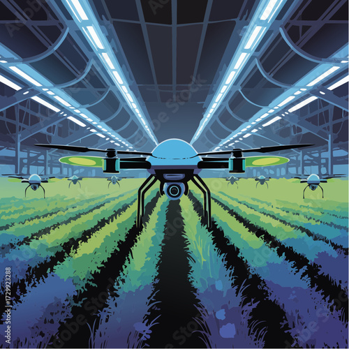 Advanced drones monitor lush green crops inside a futuristic greenhouse, revolutionizing agricultural technology and efficiency for modern farming.