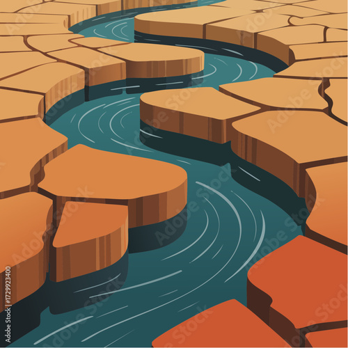 Stunning desert river landscape illustration with orange canyon walls and flowing blue water, perfect for travel, adventure, and environmental themes