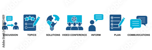 Meeting icon set vector illustration concept for business meeting and discussion with communications, topics, solutions, plan, inform and video conference icon