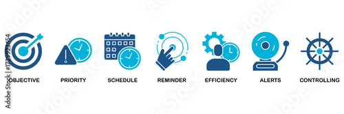 Time management icon set vector illustration concept for objective, priority, schedule, reminder, efficiency, alerts, and controlling