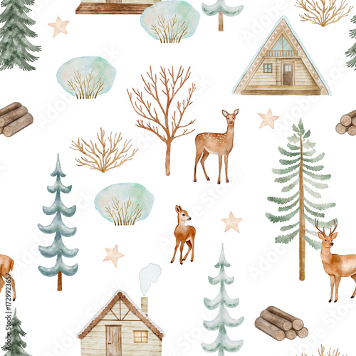 A seamless digital watercolor pattern featuring deer, pine trees, small cabins, and stars in a gentle, snowy winter landscape.