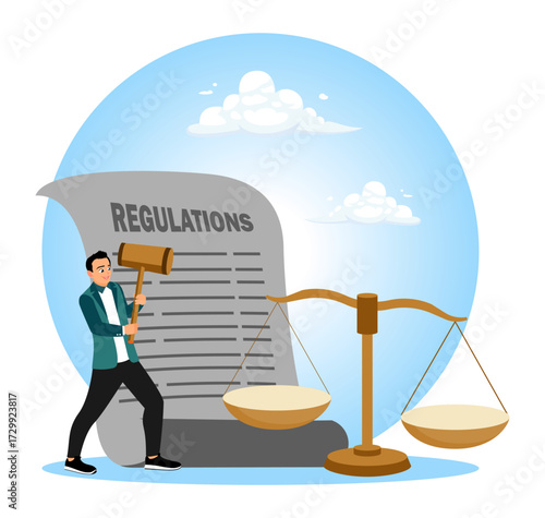 Businessman hold gavel with scale and regulation document.