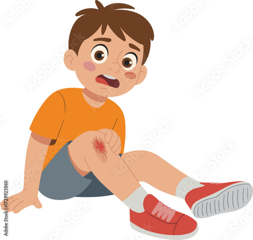 Sad injured boy sitting on ground with scraped knee, child accident, kid pain expression, cartoon vector illustration, childhood injury, medical emergency concept