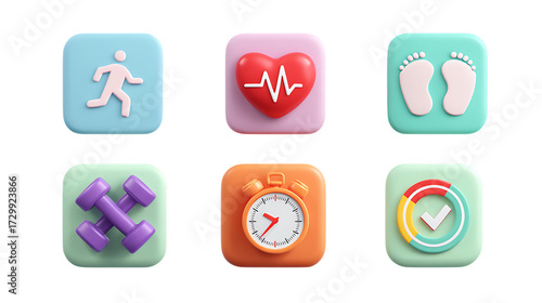 3D rendered fitness and health icons in cartoon style with running figure, footprints, heart with heartbeat line, stopwatch, dumbbell, flame, progress bar, and green checkmark, glossy clean design.