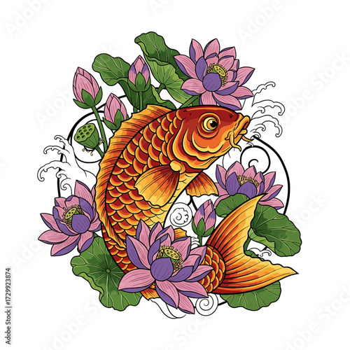 Vibrant orange koi fish swimming amidst blooming pink and purple lotus flowers with green leaves and swirling water elements, in an illustrative style.