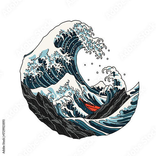 The Great Wave off Kanagawa, a famous Japanese woodblock print depicting a massive wave threatening boats.