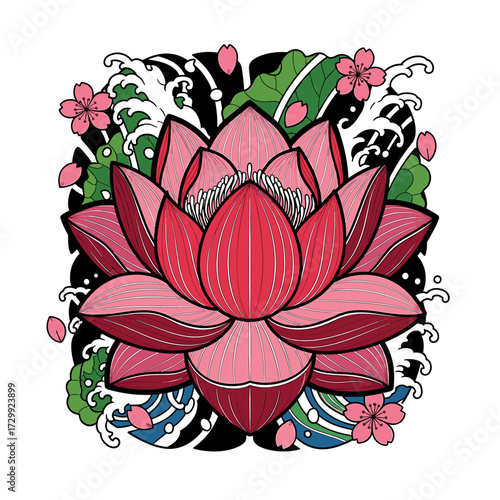 A beautiful pink lotus flower illustration in a traditional Japanese style with waves and cherry blossoms.