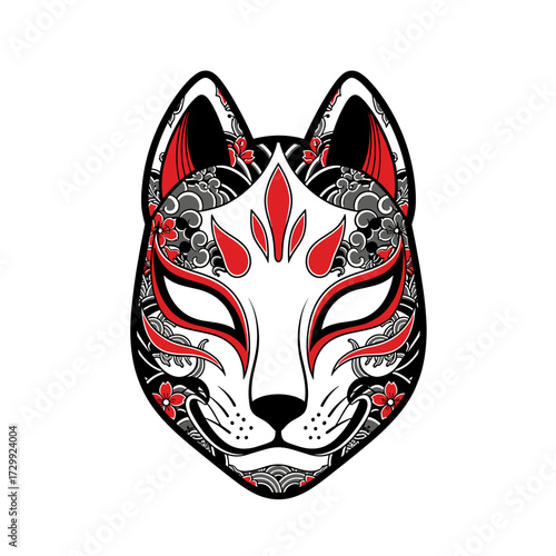 A stylized Japanese Kitsune fox mask with intricate red and black traditional patterns on a white background.