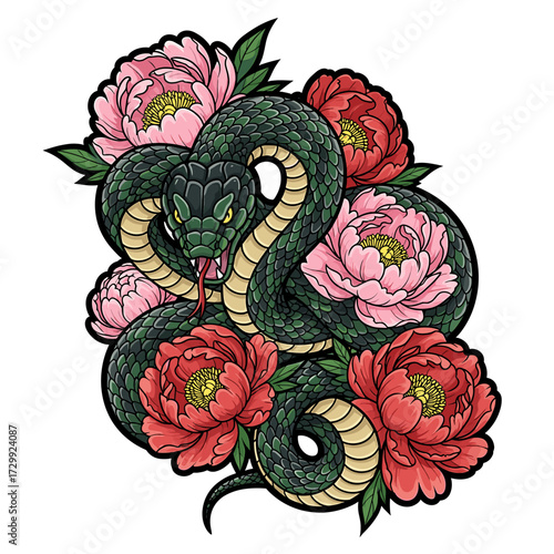 Illustration of a green snake coiled among pink and red peonies.