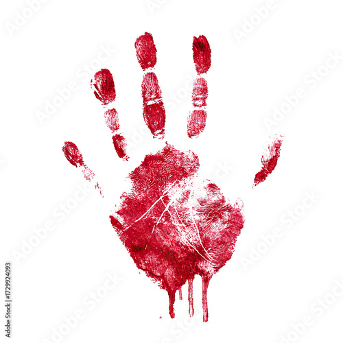 Red bloody handprint, isolated on transparent cutout background