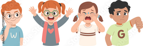 Set of diverse children showing different emotions, happy, sad, crying, thoughtful, disappointed, cartoon character expressions, emotional learning, psychology, education vector illustration