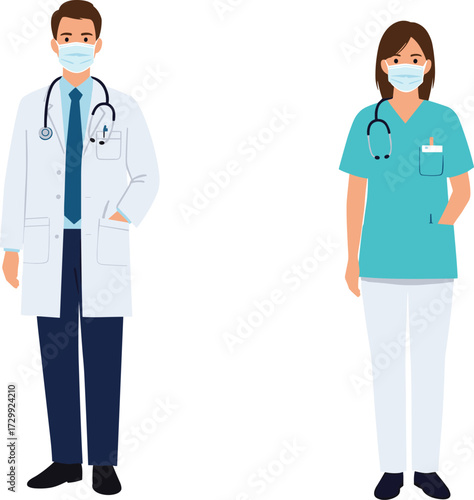 Doctor and nurse, medical staff, face masks, stethoscope, healthcare workers, hospital uniform, safety, professional team