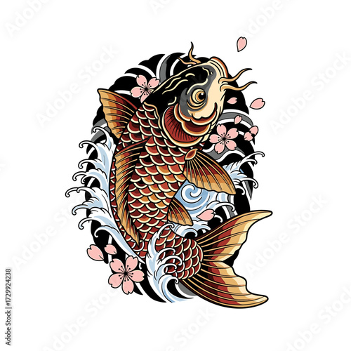 A traditional Japanese Koi fish illustration, showing the carp swimming upstream amidst stylized waves and pink cherry blossoms.