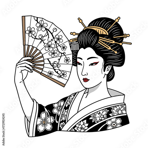 A traditional Japanese geisha in a kimono holding a fan decorated with cherry blossoms.