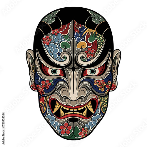 Intricate and colorful Japanese Hannya mask with traditional patterns and fierce expression on a white background.