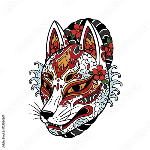 Intricate illustration of a Kitsune mask, featuring vibrant colors and floral accents, a symbol of Japanese folklore.