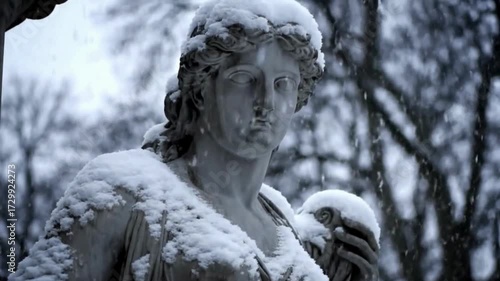 Slow-motion shot of snow Falling on Statue