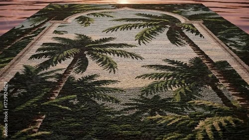 A detailed rug design featuring lush greenery and palm trees viewed through an archway. The sunset colors create a serene, tropical ambiance